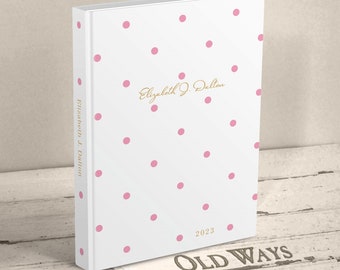 Chic Personalized Polka Dot Journal for Women - White, Pink, Gold - Hardcover Blank Book - Lined Writing Journal - Gift for Women