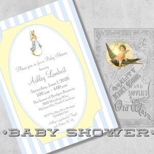 peter rabbit baby boy shower invitations blue white yellow grey personalized printed fine stationery envelopes