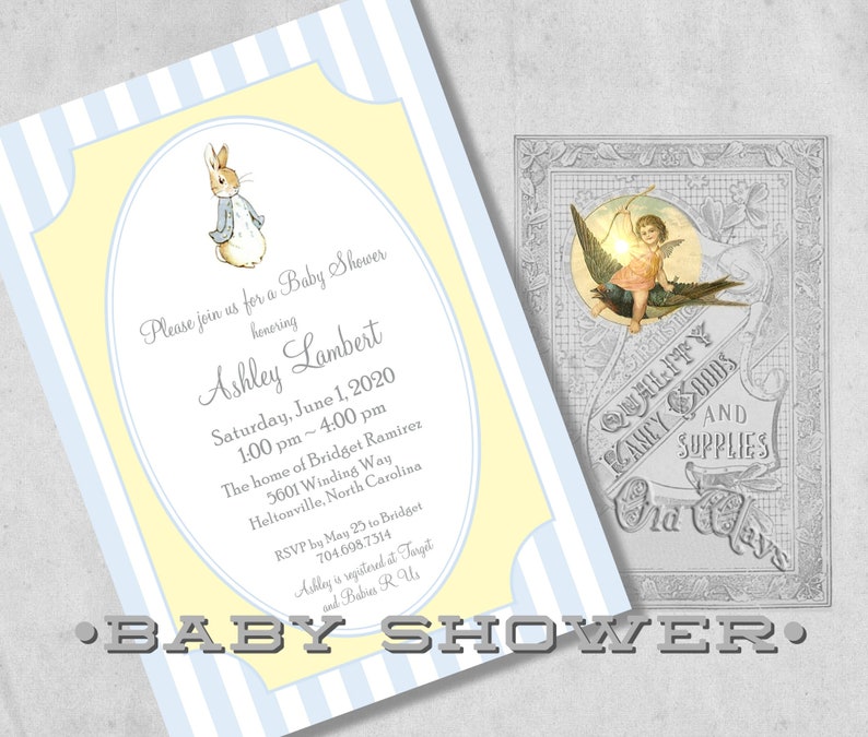 peter rabbit baby boy shower invitations blue white yellow grey personalized printed fine stationery envelopes