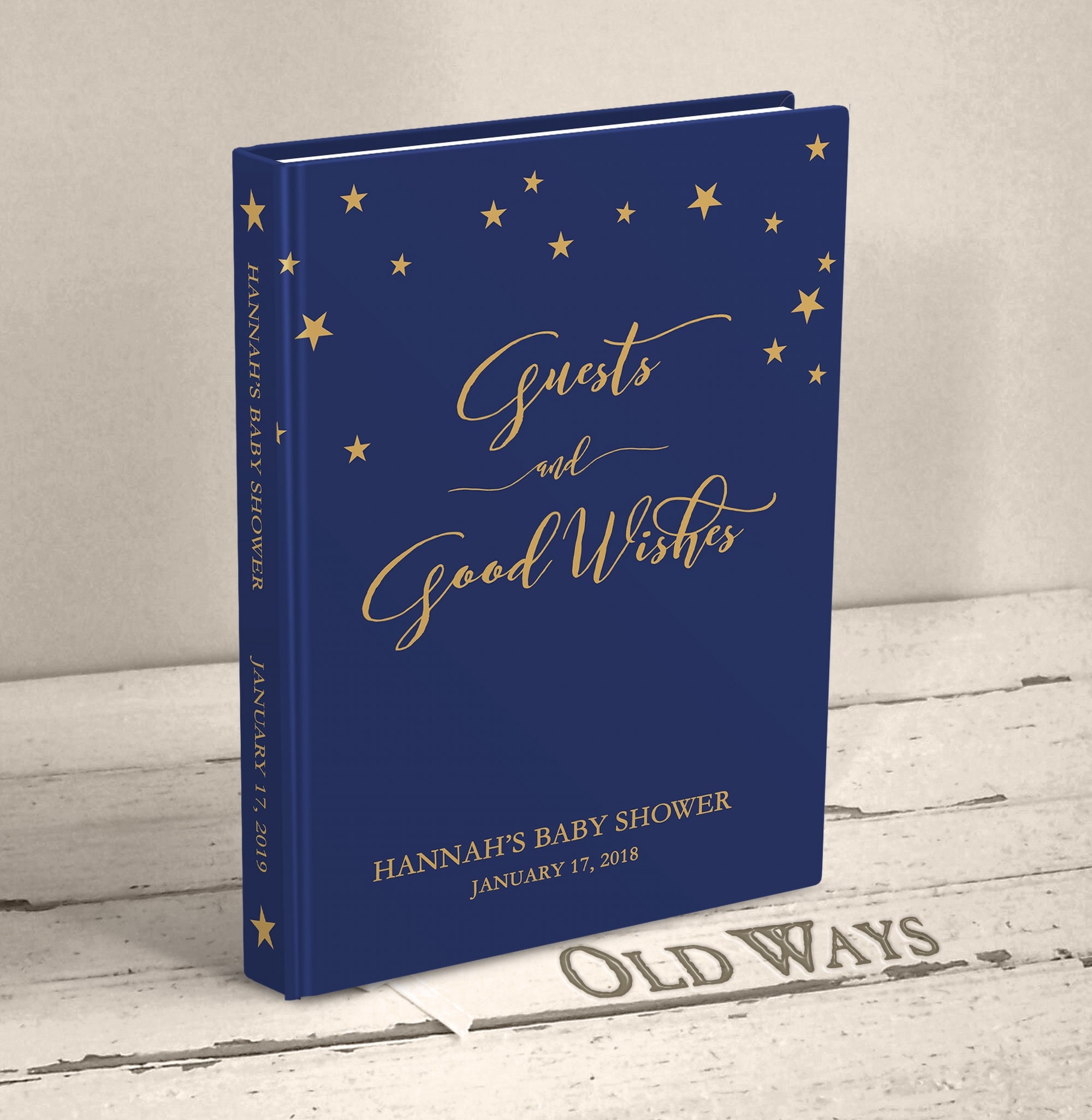 Navy Blue Star Baby Shower Guest Book, Personalized Hardcover Book