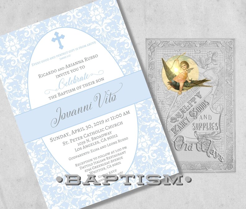 Elegant Christening or Dedication Invitation Printed Baby Boy Baptism Invitations in Blue and White Damask Custom Invites with Envelopes