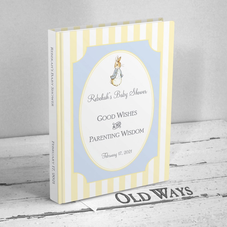 Peter Rabbit Baby Shower Guest Book Blue & Yellow Baby Boy Shower Personalized Keepsake Baby Wishes, Parent Advice Book Yellow Stripe