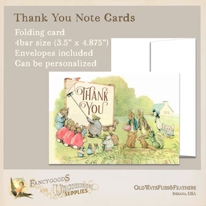 May include: Thank You note cards with a charming illustration of animal characters. The folding card measures 3.5" x 4.875" and includes envelopes. The card features the words "Thank You" on a sign.