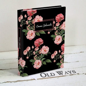 womens hardcover writing journal black cover vintage botanical pink roses personalized name lined pages gift