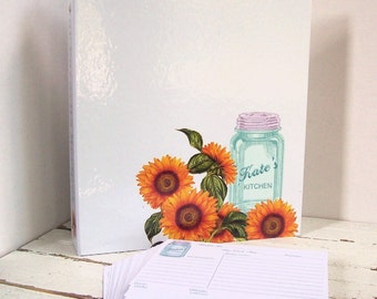 Recipe Binder - Mason Jar and Flowers - Farmhouse Kitchen - 3 Ring Binder Recipe Card Storage - Personalized Gift for Cook, Bridal Shower