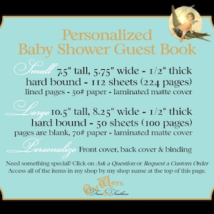 Puede incluir: Un cartel azul turquesa con bordes dorados y un adorno decorativo en las esquinas. El cartel anuncia un libro de visitas personalizado para un baby shower con dos opciones de tama&ntilde;o: peque&ntilde;o (7,5 pulgadas de alto, 5,75 pulgadas de ancho) y grande (10,5 pulgadas de alto, 8,25 pulgadas de ancho). Ambos tama&ntilde;os est&aacute;n encuadernados y tienen cubiertas mate laminadas. El cartel tambi&eacute;n incluye el texto "Libro de visitas personalizado para un baby shower".