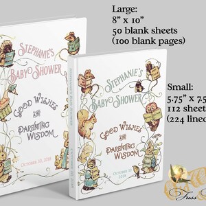 Puede incluir: Dos libros de visitas blancos con un dise&ntilde;o caprichoso con animales y el texto "Stephanie's Baby Shower Good Wishes and Parenting Wisdom October 10, 2018". El libro m&aacute;s grande mide 8 pulgadas por 10 pulgadas y tiene 50 hojas en blanco (100 p&aacute;ginas en blanco). El libro m&aacute;s peque&ntilde;o mide 5,75 pulgadas por 7,5 pulgadas y tiene 112 hojas (224 p&aacute;ginas rayadas).