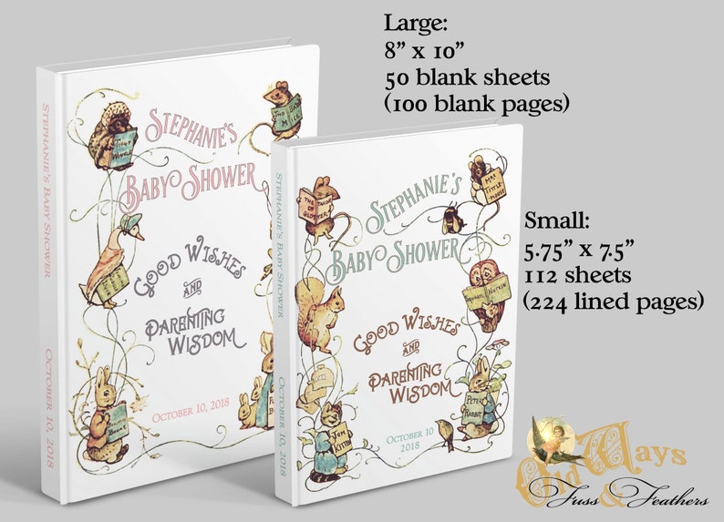 Puede incluir: Dos libros de visitas blancos con un dise&ntilde;o caprichoso con animales y el texto "Stephanie's Baby Shower Good Wishes and Parenting Wisdom October 10, 2018". El libro m&aacute;s grande mide 8 pulgadas por 10 pulgadas y tiene 50 hojas en blanco (100 p&aacute;ginas en blanco). El libro m&aacute;s peque&ntilde;o mide 5,75 pulgadas por 7,5 pulgadas y tiene 112 hojas (224 p&aacute;ginas rayadas).