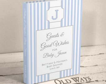 Monogram Baby Boy Shower Guest Book - Stately Stripes with Initial - Personalized Blue and White Personalized Wishes for Baby