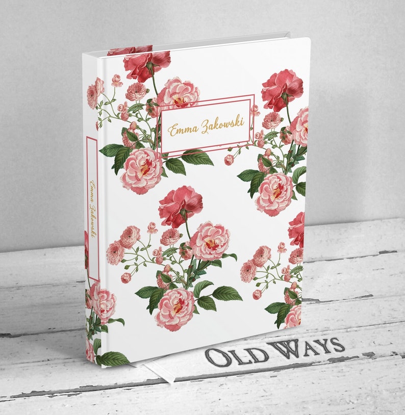 Personalized Journal for Women Pink Roses, Black or White Blank Book, Hardcover Notebook Vintage Ladies Journal Branco