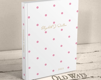 2024 Personalized Polka Dot Journal for Women - White & Pink - Hardcover Blank Book - Lined Writing Journal