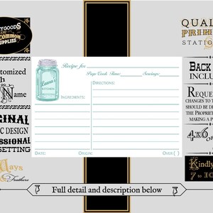 Vintage Mason Jar Printed Recipe Cards Personalized Two Sided Card 4x6 or 5x7 Kitchen Bridal Shower, Gift for Cook image 2