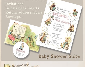 Bring a Book Baby Girl Shower Invitation Suite - Printed Beatrix Potter Vintage Storybook Baby Shower Invites, Insert & Address Labels