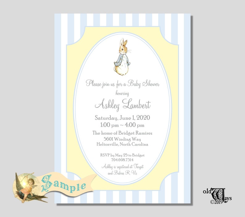 Peter Rabbit Baby Shower Invitations Vintage Storybook Baby Shower Blue, Yellow, Grey Printed Baby Boy Shower Invites image 4