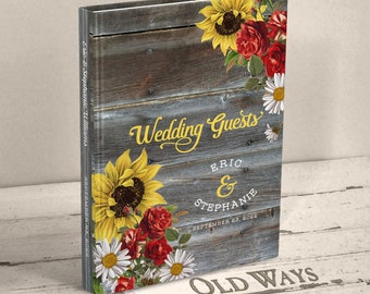 Sunflowers and Roses Wedding Guest Book - Personalized Traditional Hardcover Book - Wood and Floral