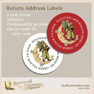 May include: Two round 2 inch adhesive return address labels featuring a vintage illustration of Santa Claus carrying a tree while standing on a crescent moon with a face. One label has a white background and the other has a red background.