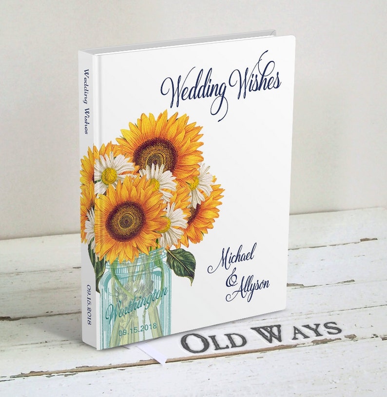 wedding guest book personalized mason jar sunflowers daisies country floral rustic custom traditional wishes for bride groom