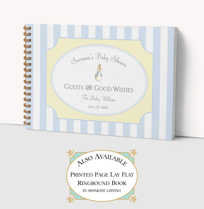 Peter Rabbit Baby Shower Guest Book Blue & Yellow Baby Boy Shower Personalized Keepsake Baby Wishes, Parent Advice Book image 9