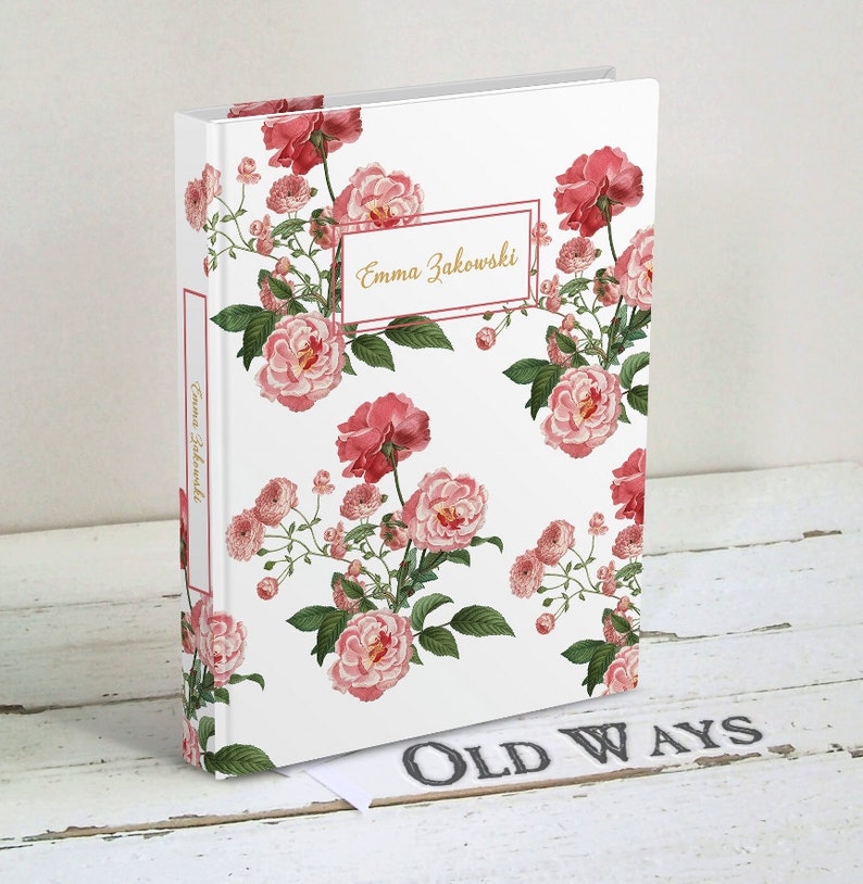 Personalized Journal for Women Pink Roses, Black or White Blank Book, Hardcover Notebook Vintage Ladies Journal imagem 7