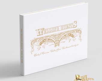 Ornate Antique Style Custom Page Wedding Guest Book - White and Gold Color, Personalized, Traditional Hard Cover