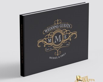 Antique Logo Custom Page Wedding Guest Book - Personalized Black Guest Book with White, Gold - Traditional Hardcover Book