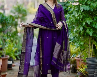 Purple Cotton Silk Suit Set for Women,Embroidered Indian Salwar Kameez, Traditional Ethnic Wear,Premium Handmade Festive Kurta Dupatta Set
