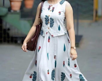 Women’s White Cotton Skirt Top Set, Boho Co Ord Set, Hand Block Print Outfit, Ethnic Two Piece Sleeveless Dress, Summer Skirt Set for Women