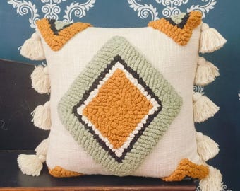 Handmade Tufted Boho Pillow Cover, Sage Diamond Geometric Cushion with Tassels, Attractive Throw for Home Decor.Best Gift for Home