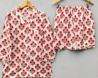 Hand Block Printed Red Floral Pajama Set, White Cotton 3-Piece Sleepwear, Bridesmaid Gift.