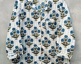 Hand Block Printed Red Floral Pajama Set, White & Blue Cotton 3-Piece Sleepwear, Bridesmaid Gift.
