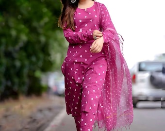 Pink 3-teiliges Bandhani Print Kurta Set für Frauen, indischer ethnischer Anzug Set Kota doria Dupatta, handgefertigter Baumwolle Salwar Kameez, traditionelle Festkleidung