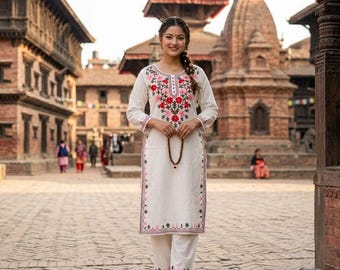 White Hand Block Cotton beautiful embroidery kurta set | Minimal Ethnic Indian Boho Style Official Wear,Charming manual heavy aari work,Gift