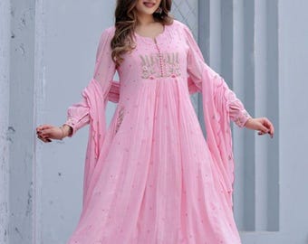 Pink Anarkali Kurta Set for Women,Embroidered Indian Suit Set Dupatta, Flowy Ethnic Dress,Festive Party Wear Outfit,Handmade Kurti Set| Gift