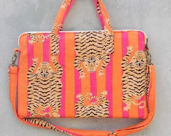 Handmade Orange Tiger Print Quilted Laptop Bag | Print Cotton Laptop Sleeve with Handle | Zippered Laptop Carry Bag | Padded Laptop Case,