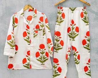 Unisex Red Flower print pure Cotton handmade women's pajama's Set with Shorts, pj's set for women, daily use Nightwear, Gift for Bridesmaid.