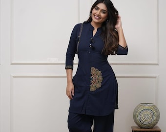 Handmade Blue Cotton Slub Kurta Set for Women|Embroidered Indian Ethnic outfit |Casual Festive Kurti Plazzo Set| TraditionalBoho OfficeWear