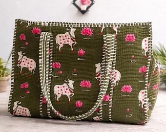 Handmade Quilted Tote Bag | Olive Green Cow & Lotus Print | Indian Block Print Shoulder Bag | Eco Friendly Fabric Tote | Everyday Carry Bag
