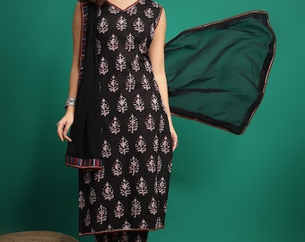 Black Cotton Kurta Set for Women, Indian Ethnic Wear, Block Print Kurta with Dupatta, Festive Kurti Set, Summer Cotton Suit "Selling Fast"