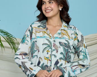 Indian Cotton Pajama Set: White Jungle Safari Print Summer Nightwear