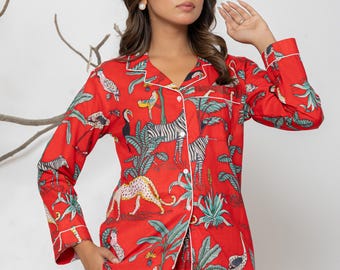 Handmade Hand Block Printed Safari Pajama Set, Red Cotton PJs, Nightwear 3 pcs Sleepwear | Bridesmaid Everyday Use, Gift for Women