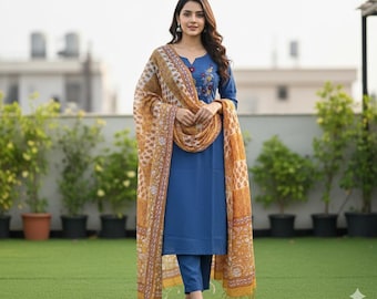Handmade Cotton Kurta Pant with Kalamkari Dupatta|Mirror Work Women Kurti Set|Applique & Sequin Embroidered Indian Suit| Festive Ethnic Wear