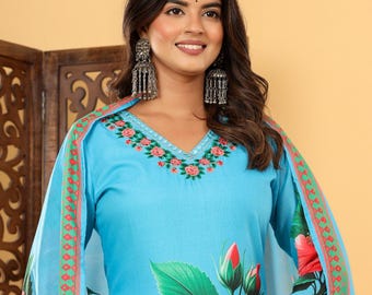 Aqua Floral Printed Regular Thread Work Kurta Set with Dupatta|Hibiscus Print Indian Suit Women’s Pure Cotton Kurta Festive Trousers Set|