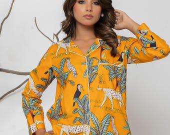 Handmade Cotton Pajama Set: Jungle Print Indian 3 pc Night Suit, Everyday Use Gift.