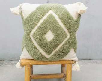 Handmade Tufted Cushion Cover | Green Geometric Throw Pillow |Boho Textured Pillow | Cotton Cushion Cover | Modern Decor Housewarming Gift