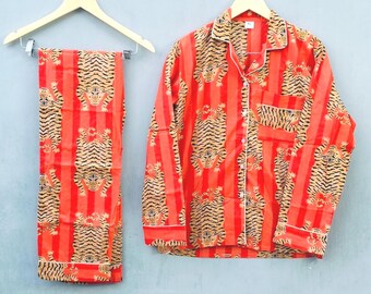 Tiger print pure cotton handmade women pajama set, women night pj's set,night dress for summer, Lightweight Women's Nightwear Bridesmaid PJ.