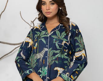 Hand Block Printed Safari Pajama Set, Navy Blue Cotton 3-Piece Sleepwear