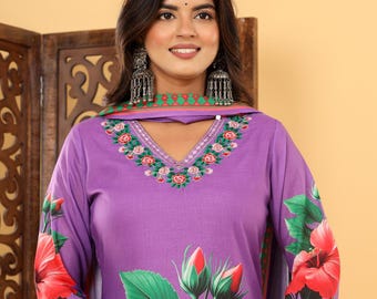 Purple Floral Printed Regular Thread Work Kurta Set with Dupatta|Hibiscus Print Indian Suit Women’s Pure Cotton Kurta Festive Trousers Set|