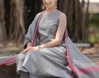 Pure Handloom Cotton A-Line Kurti Palazzo & Mulmul Dupatta| Sleeveless Kurta with Pockets|Handmade Indian Women Ethnic Wear | Summer Outfit