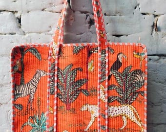 Handmade Quilted Cotton Tote Bag | Orange Jungle Animal Print