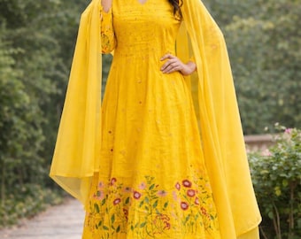 Yellow Floral Embroidered Handmade Anarkali Suit Set for Women, Indian Ethnic Dress Dupatta, Handcrafted Festive Wear, Wedding Guest Outfit